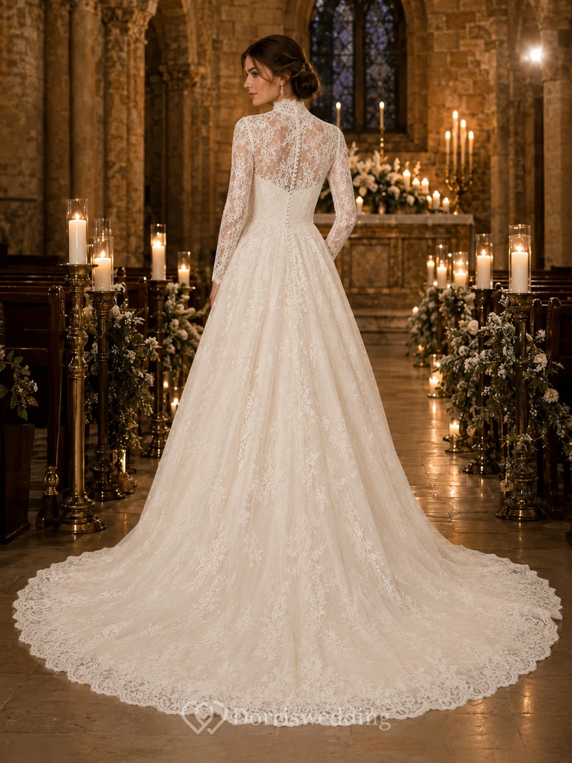 Elegantes, hochgeschlossenes A-Linien-Hochzeitskleid mit Spitzenärmeln für den Winter view 2