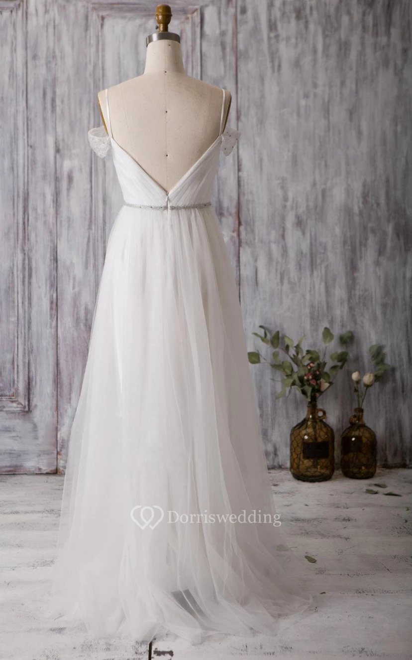 A-Line Pleated Tulle Dress With Crisscross Bodice and Spaghetti Straps view 4
