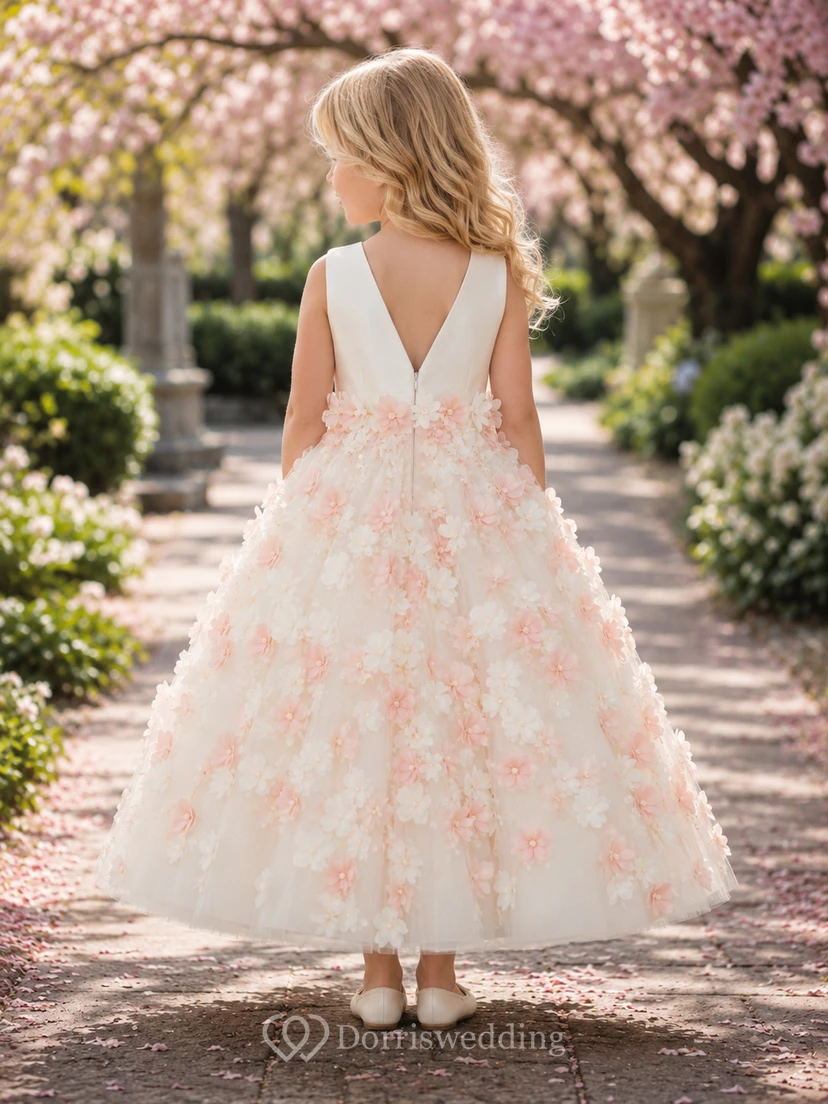 Luxuriöses 3D-Blumenmädchenkleid mit ärmellosem Tüll-A-Linien-Schnitt, skulpturalem Blumenrock, natürlicher Taille und bodenlangem Rock view 2