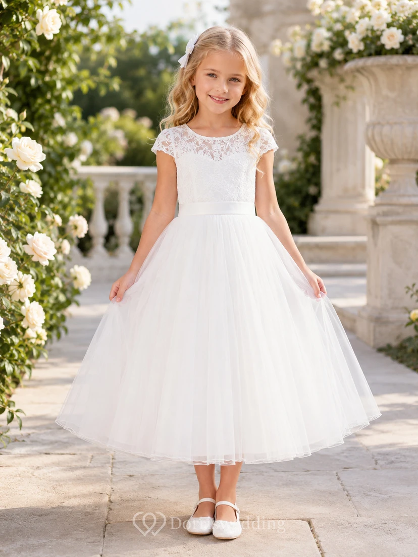Flower Girl Dress Ivory Lace Tulle A-Line Jewel Neck Tea Length