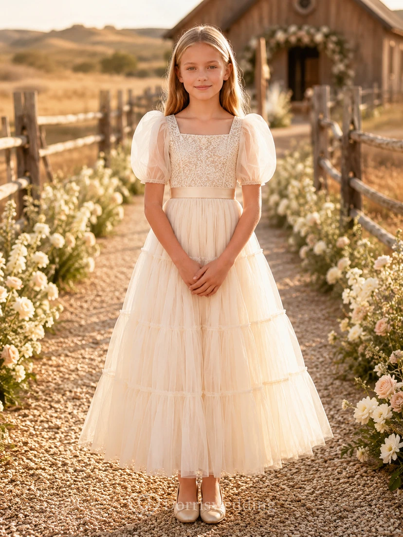 Vestido de niña de flores color marfil, largo hasta los tobillos, con volantes de tul, corte en A, escote cuadrado, corpiño de encaje, mangas abullonadas y lazo de satén.