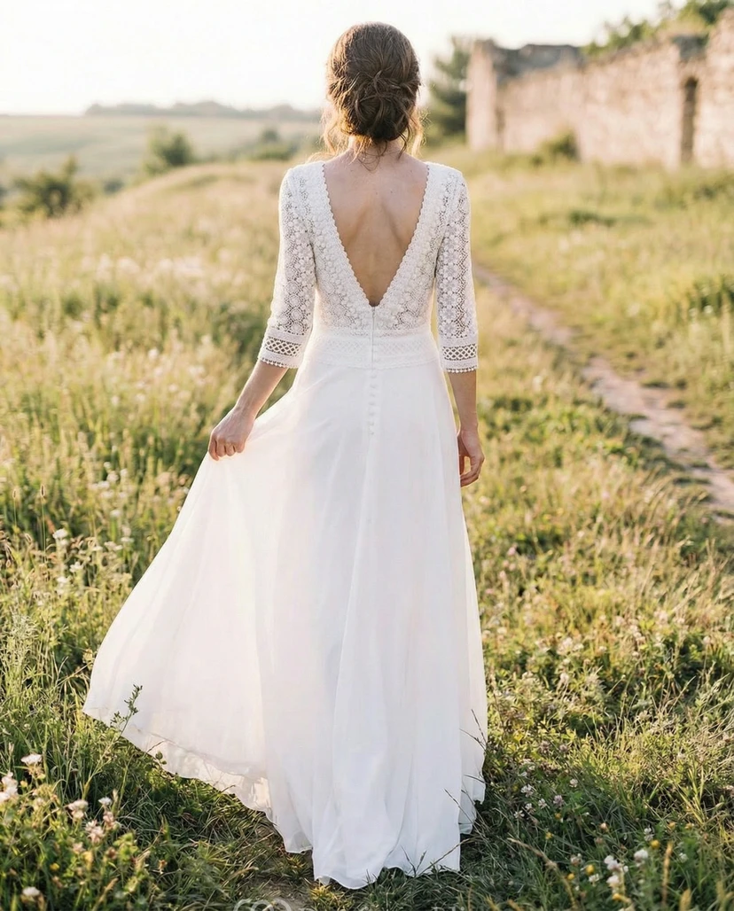 Boho Lace 3/4 Sleeve Wedding Dress with V Back and Flowing Chiffon Skirt view 2