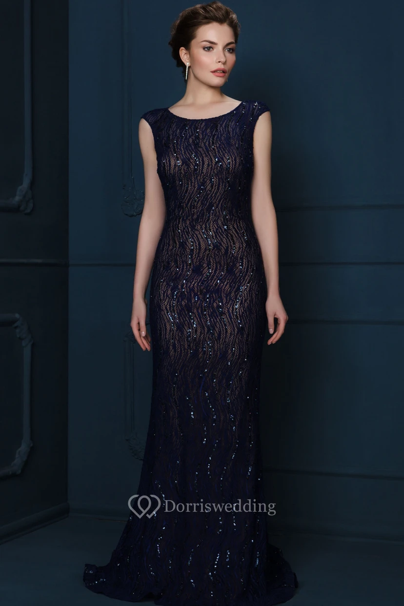 Sheath Sequined Cap-Sleeve Scoop-Neck Long Evening Dress
