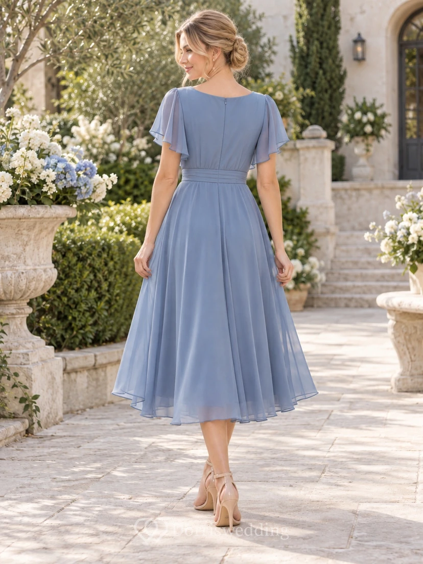 Vestido de invitada de boda sencillo azul, largo hasta la rodilla, con escote en V, mangas con volantes, gasa fruncida y cintura con banda. view 2