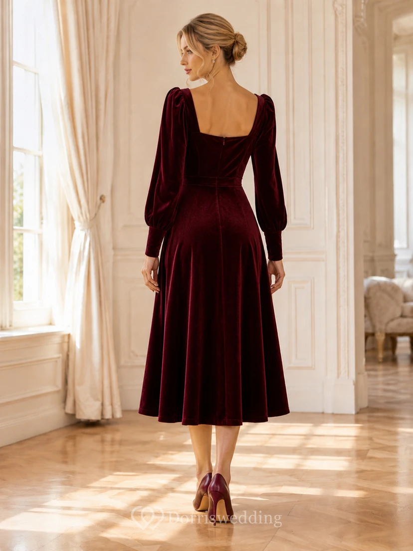 Vestido midi de terciopelo burdeos con escote cuadrado y mangas abullonadas, corte en A, ideal para invitadas. view 2