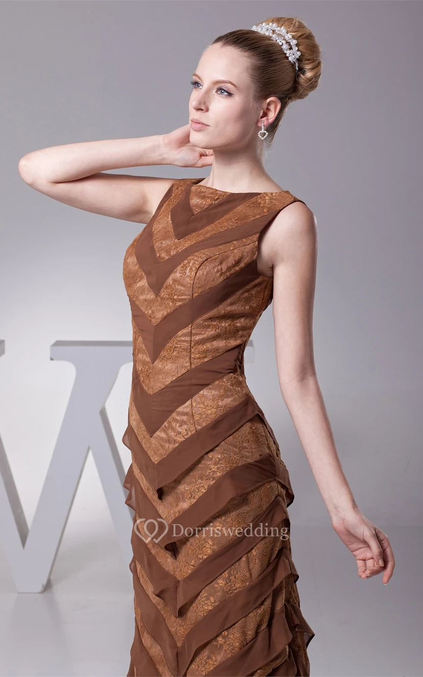 Bateau Sleeveless Tiered Chiffon Sheath Gown With Lace Embroidery view 8