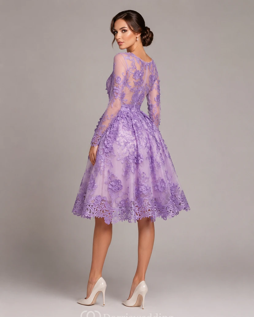 Zartes, ruyalblaues Applikations-Abendkleid mit langen Ärmeln view 17