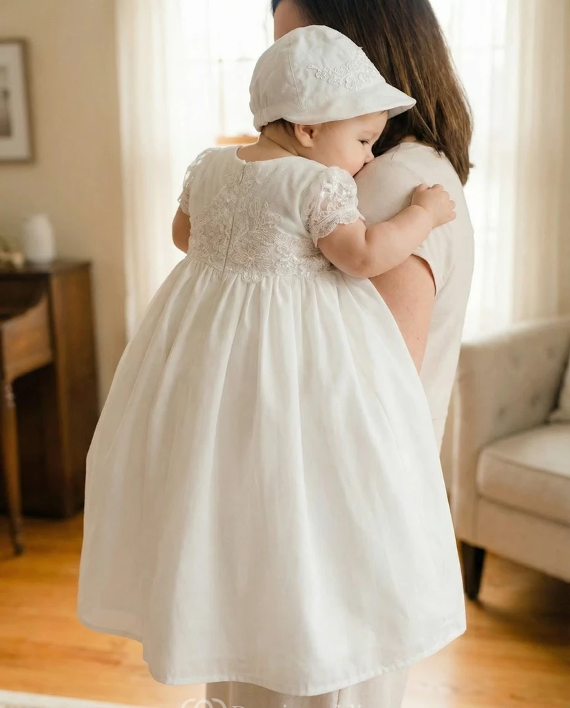 Vestido blanco de niña para bautizo, falda sencilla de organza con bordado. view 2
