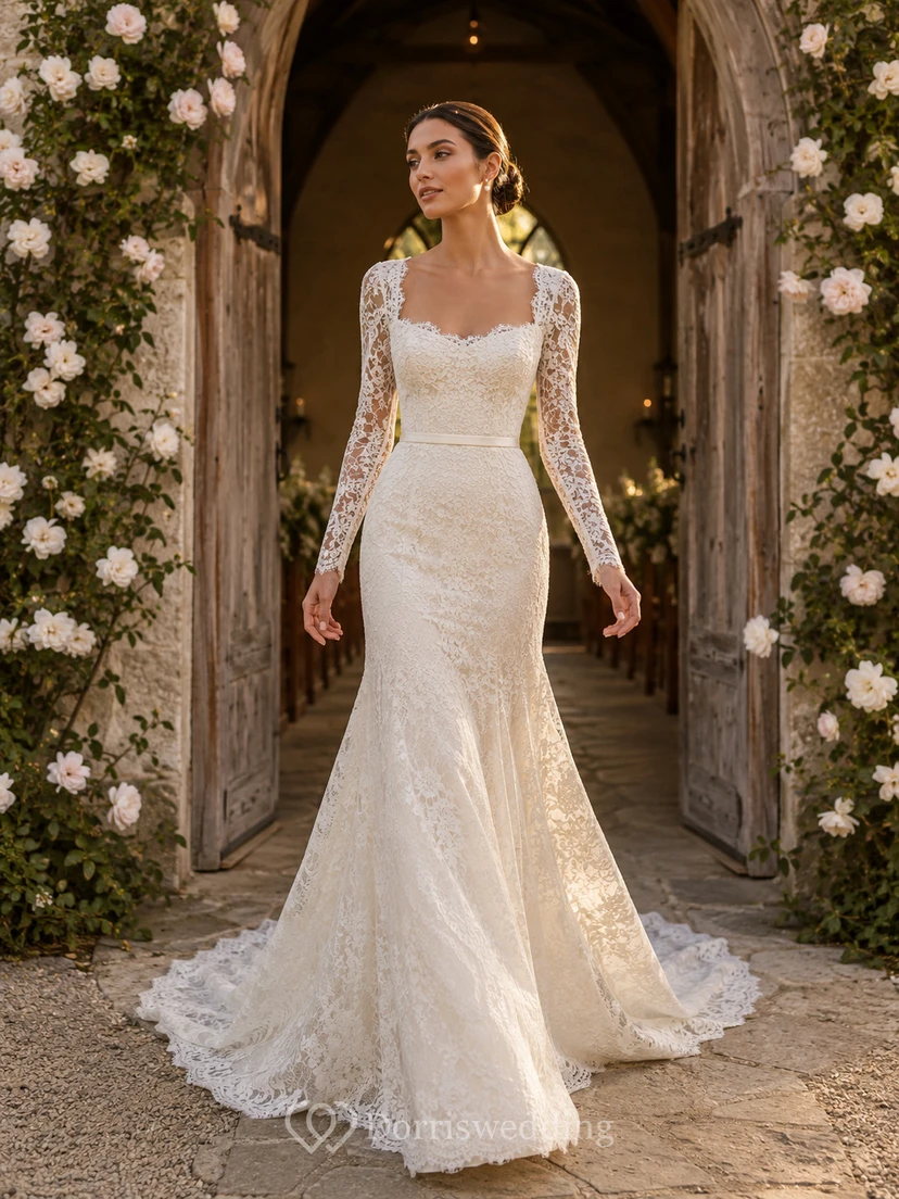 Vestido de novia clásico de corte sirena con escote cuadrado, encaje, manga larga y cola de capilla.