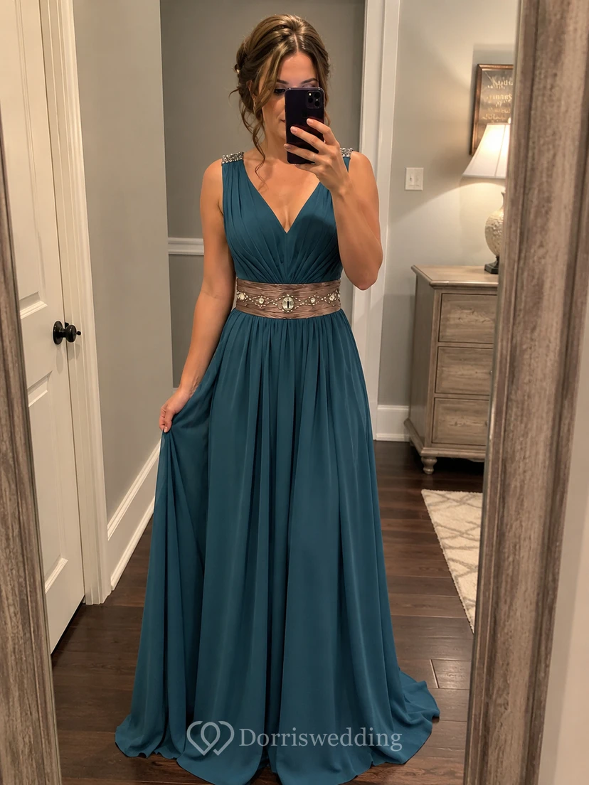 Sleeveless V-neck Long Chiffon Gown With Rhinestone view 9