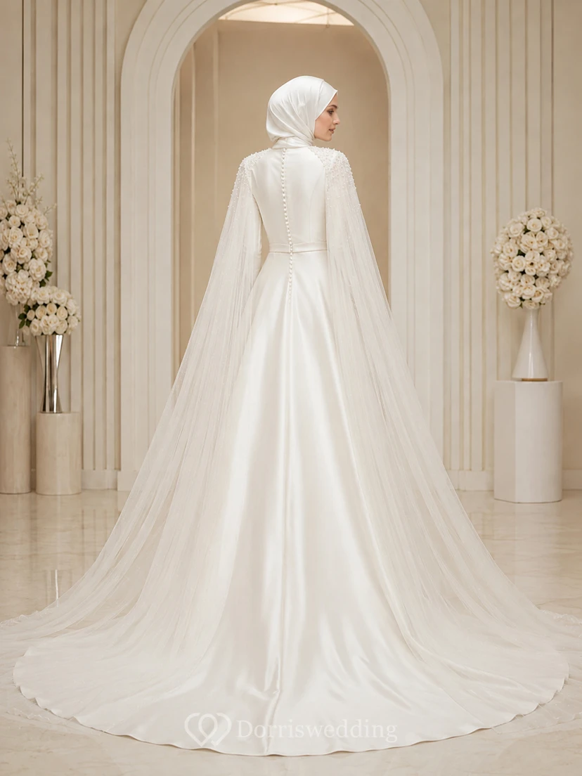 Vestido de novia sencillo musulmán de satén con cuello alto y capa tipo catedral, corte A. view 2