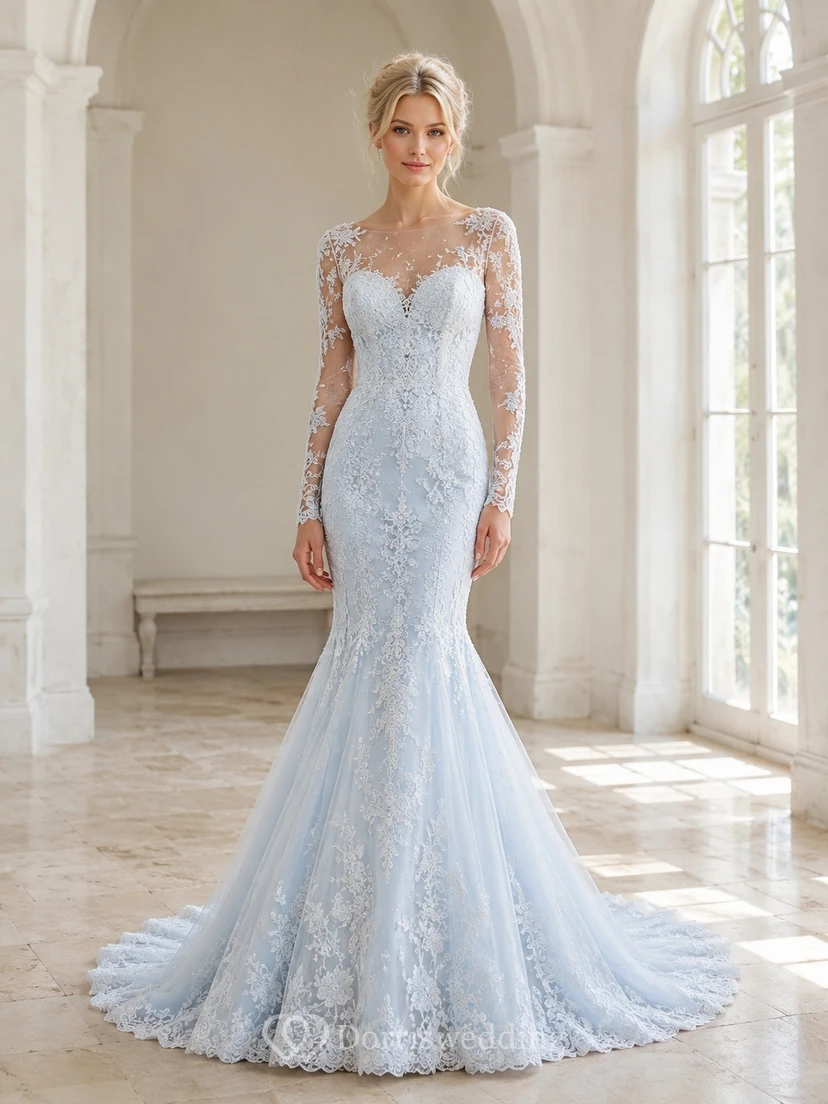 Robe de mariée bleu ciel en satin, coupe trapèze, col carré simple et élégante