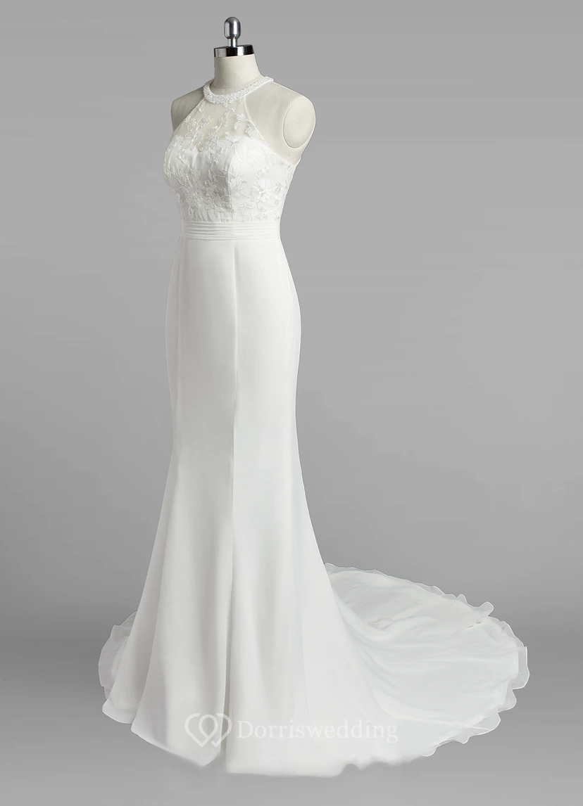 Jewel Neck Mermaid Chiffon Wedding Dress With Lace Bodice view 2