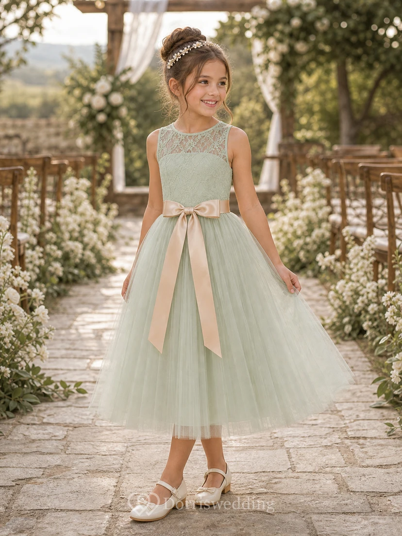 Scoop Sleeveless White First Communion A-line Tulle Bow Keyhole Back Flowergirl Dress view 7
