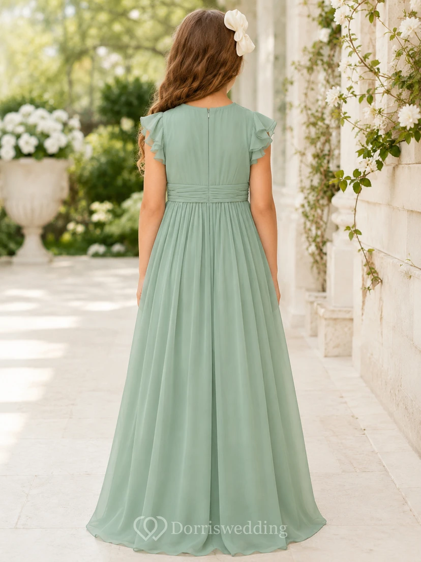 Flower Girl Dress Sage Chiffon A-Line Short Sleeve Jewel Neck Floor Length view 2