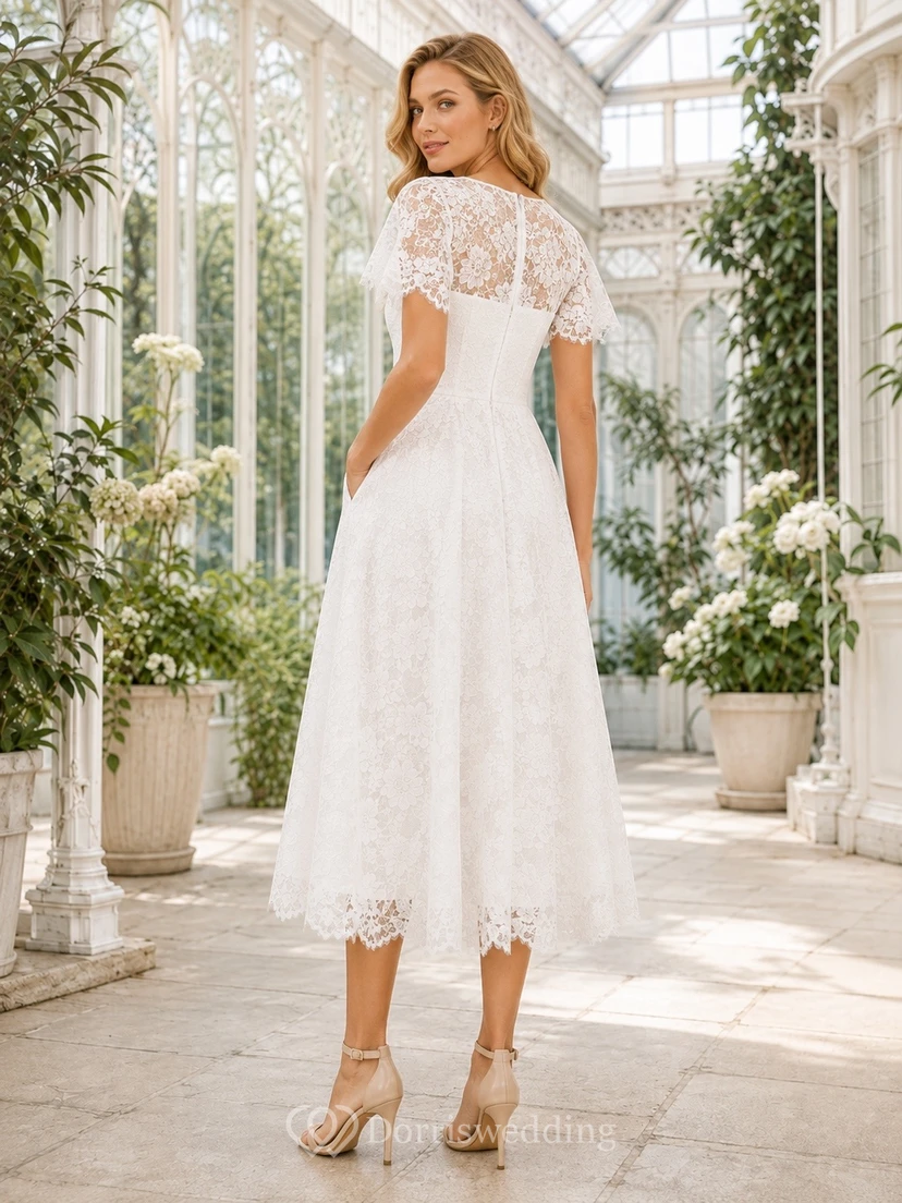 Schlichtes, weißes Cocktailkleid in A-Linie mit Spitze, Taschen und U-Boot-Ausschnitt view 2
