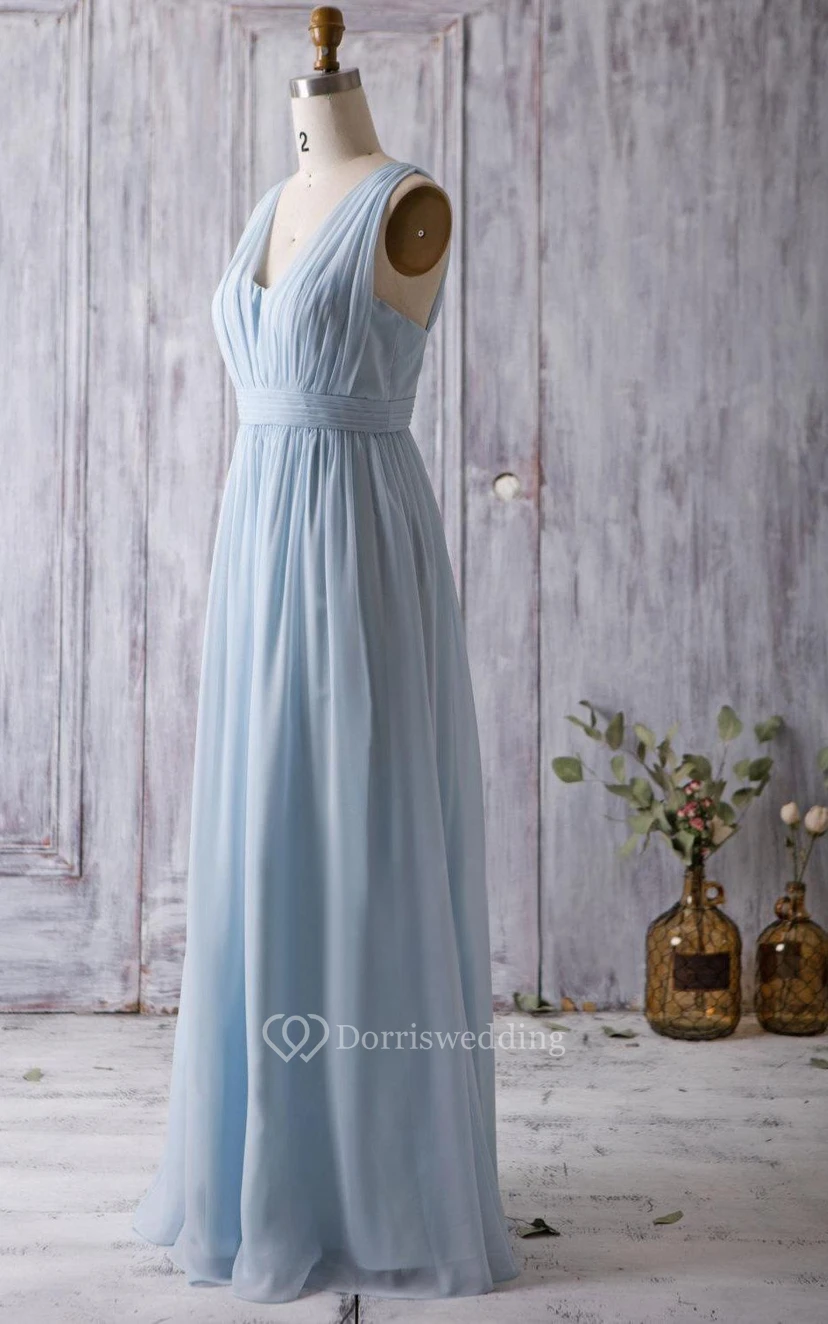 V Neck Backless Empire Waist Pleated A-line Chiffon Long Dress view 2