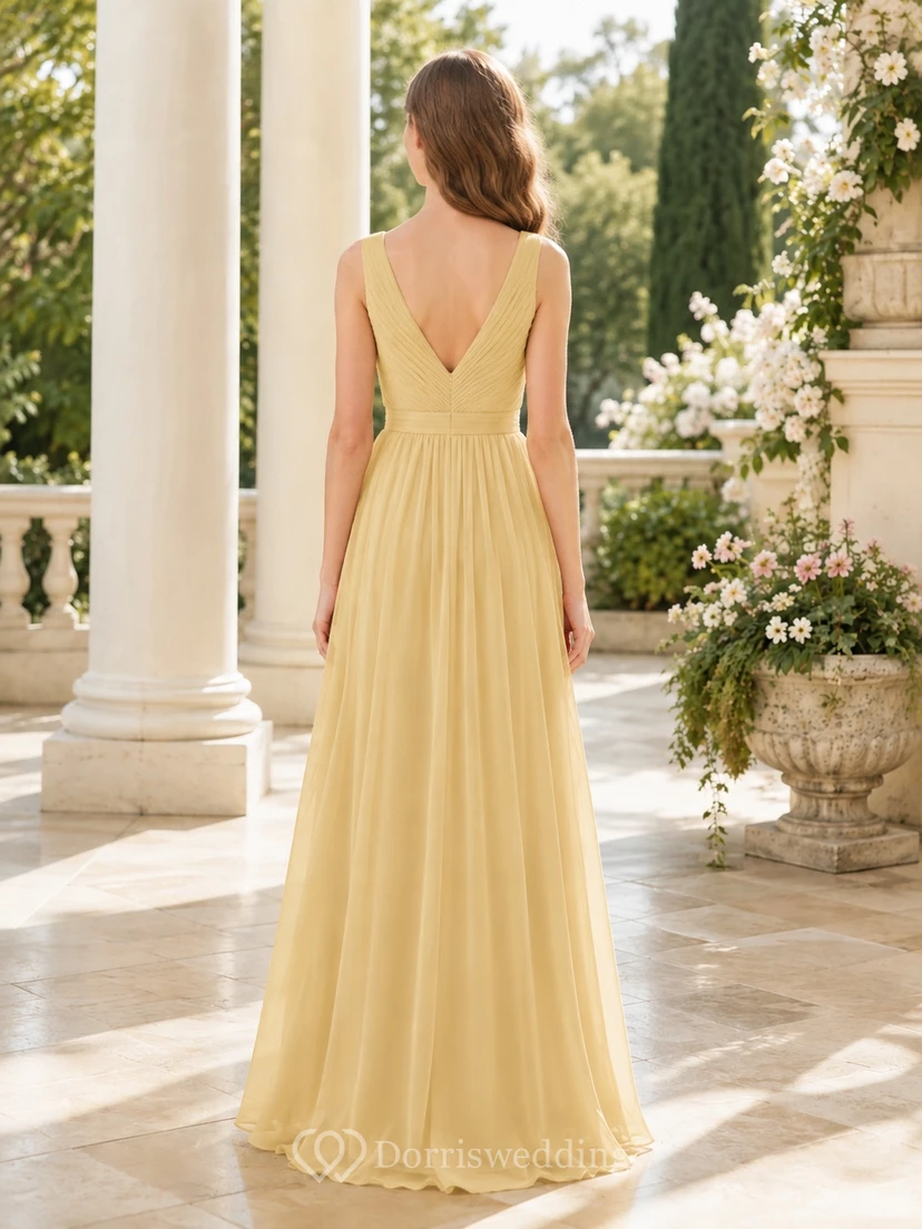 Goldenes Brautjungfernkleid für junge Damen, A-Linie, V-Ausschnitt, ärmellos, gerafft, elegant view 2