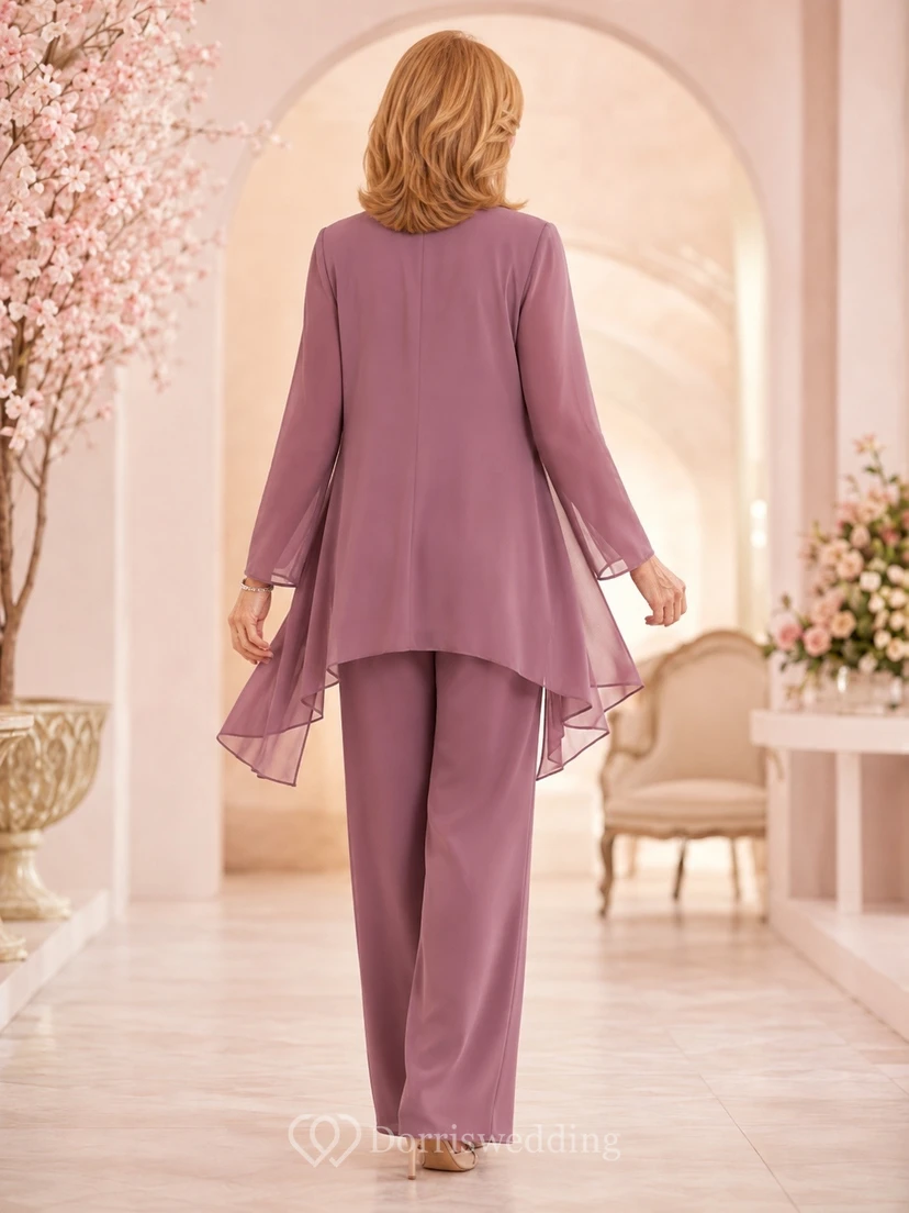 Zweiteiliger, mauvefarbener Chiffon-Hosenanzug mit langen Ärmeln und Lagen für lässig-elegante Anlässe – ideal für ältere Bräute. view 2