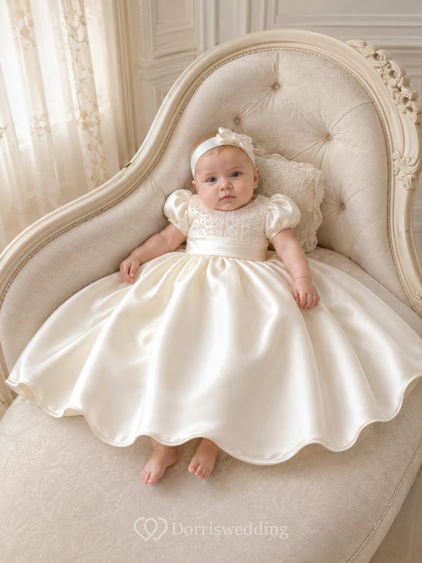 Baptism Dress Luxury Satin A-Line Scoop Neck Short Sleeve Bow Sash