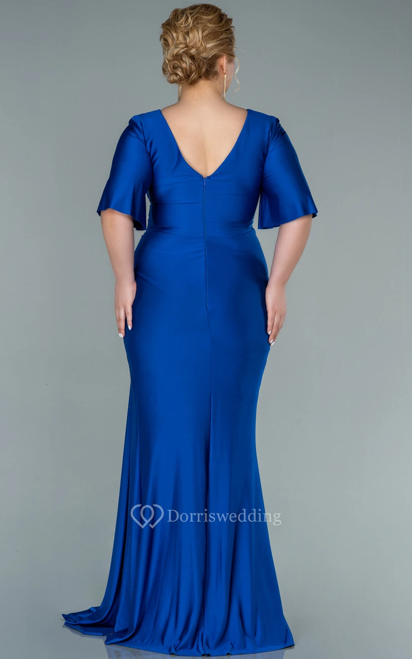 Charming V-neck Half-sleeve Sheath Mermaid Ruched Front Split Plus Size Evening Dress view 6