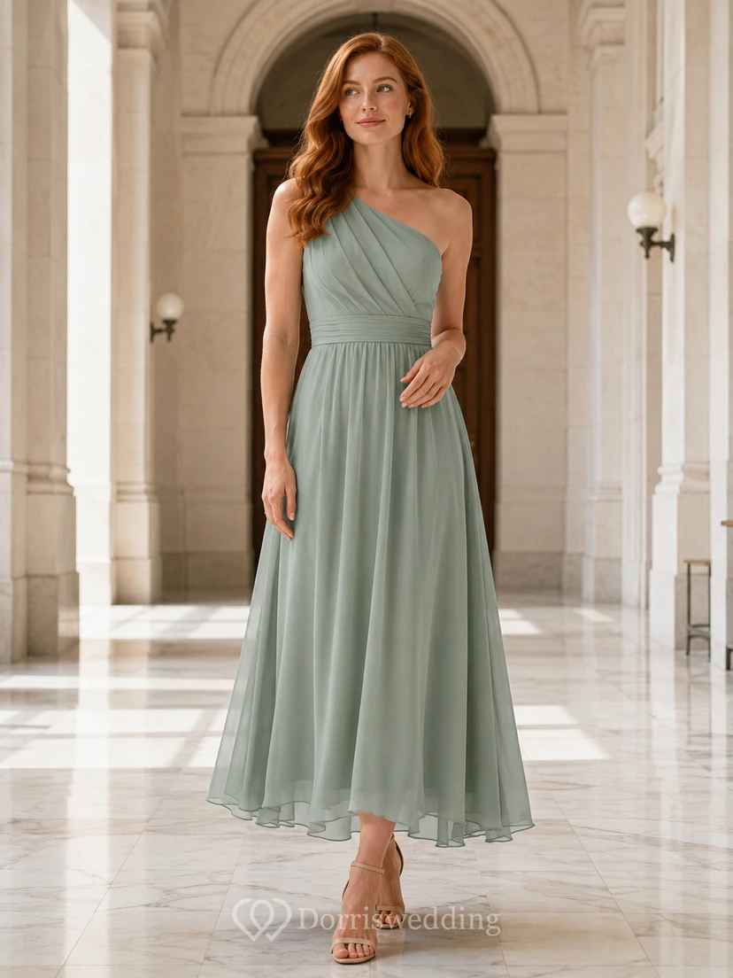 Courthouse Cocktail Sage Elegant Casual A-Line Chiffon Bridesmaid Dress with One-Shoulder Sleeveless Tea-Length Pleated Open Back
