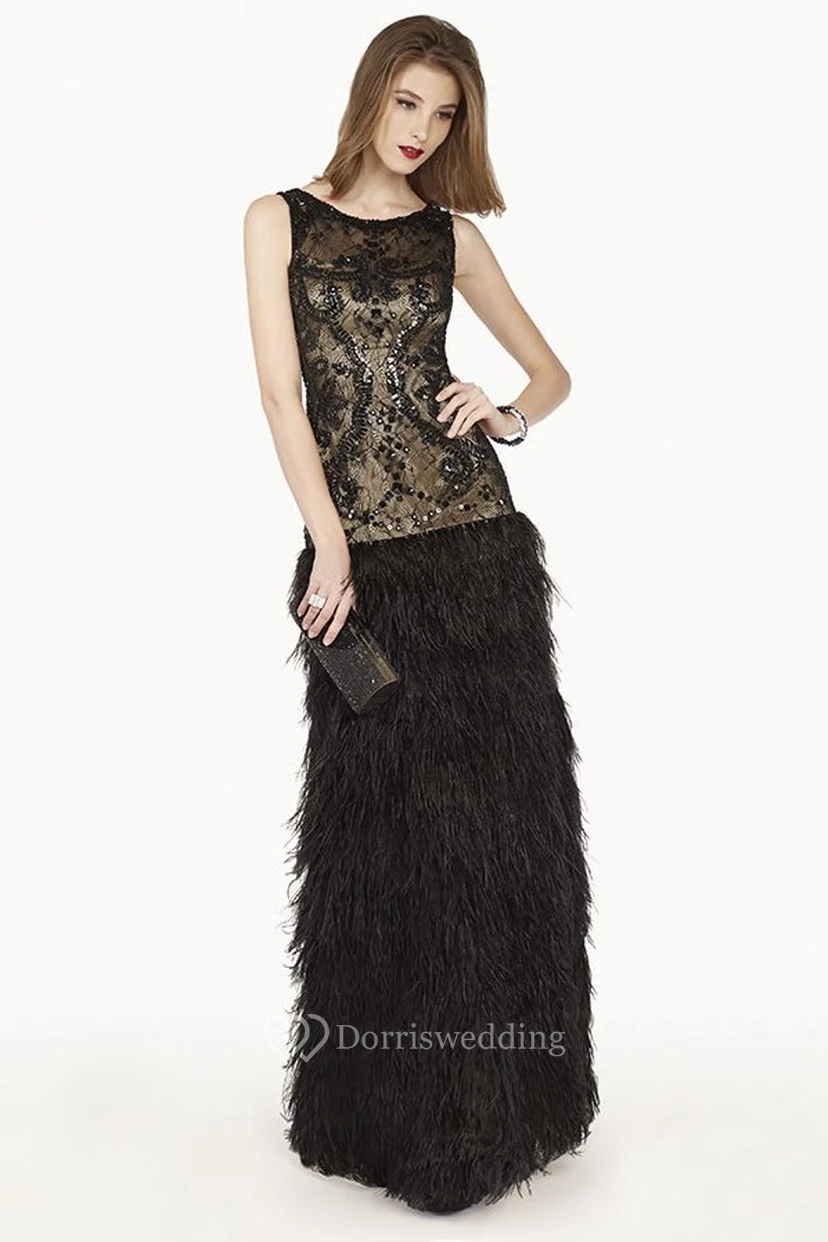 Scoop Neck Drop Waist Lace Long Prom Dress With Feather Skirt And Crystal