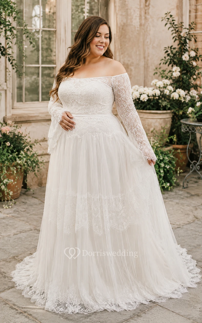 Robe de mariée ivoire à épaules dénudées, manches longues et dentelle à volants view 4