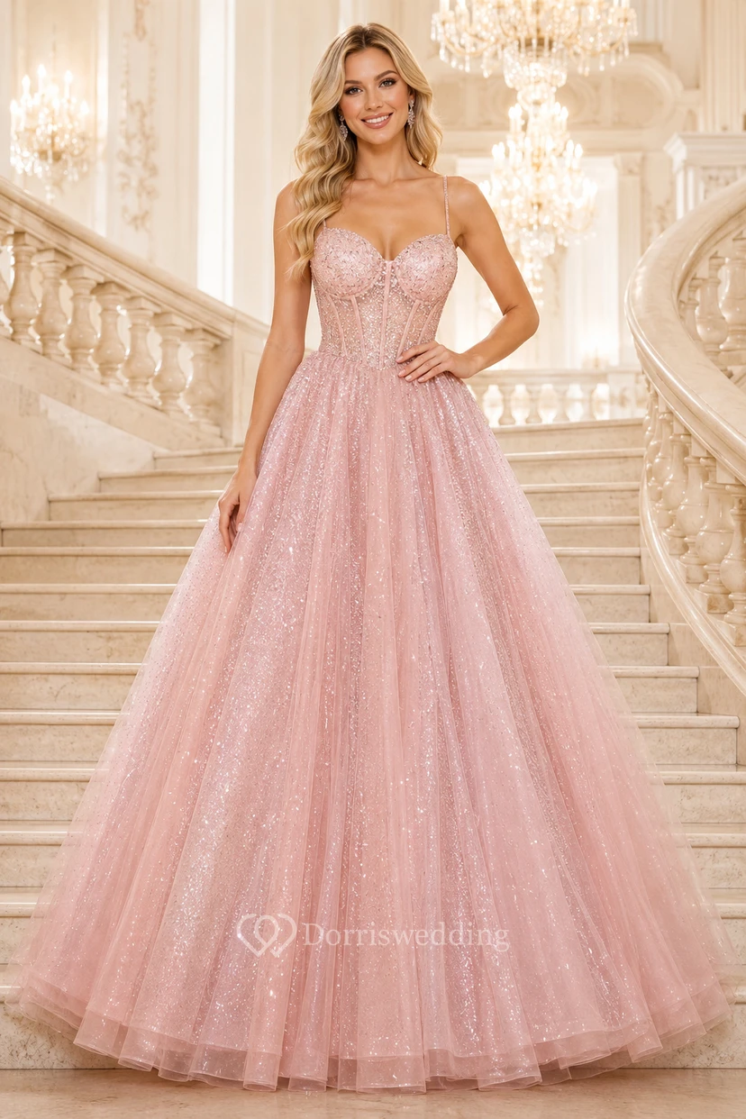 Robe de bal en tulle rose poudré à sequins, bretelles spaghetti, longueur au sol