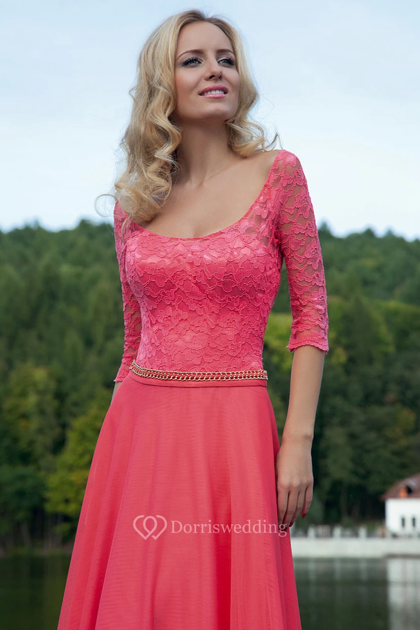 Sheath Square-Neck Maxi Half-Sleeve Lace Tulle Prom Dress With Waist Jewellery view 2