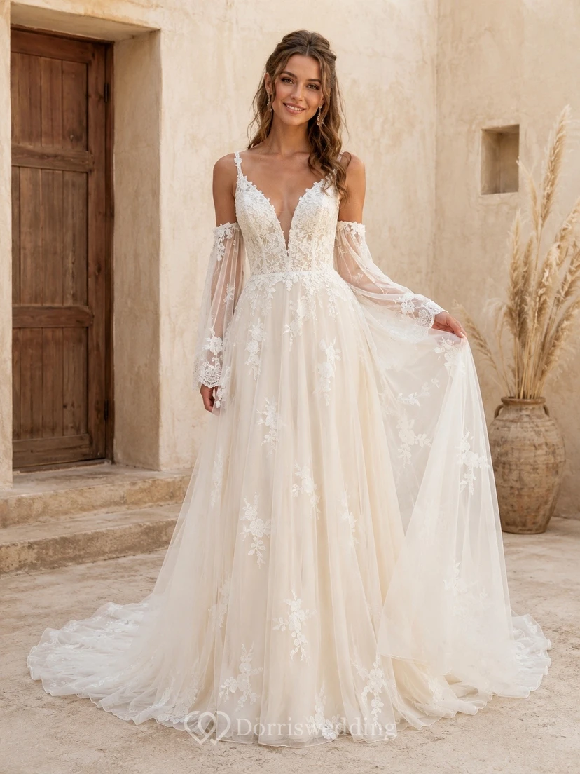 Vestido de novia bohemio de encaje con escote en V, mangas largas acampanadas y corte en A.