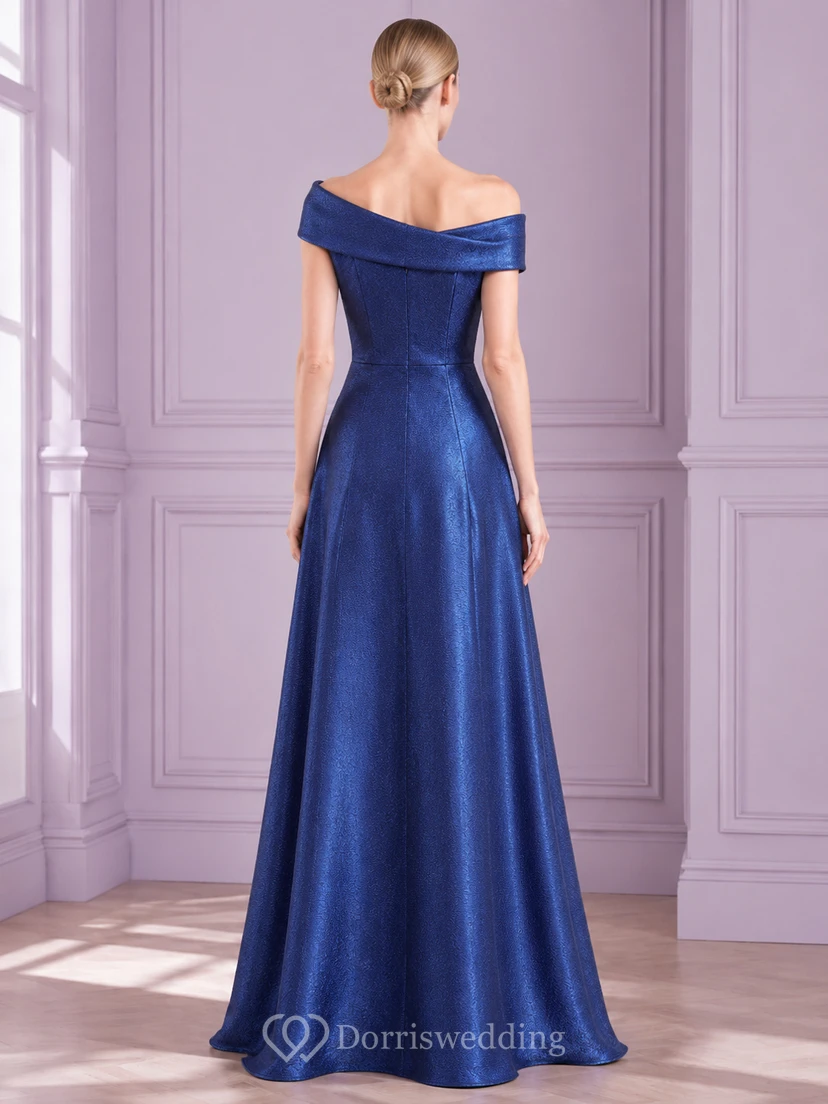 Royal Blue Off Shoulder Satin Floor Length A Line Gown view 2