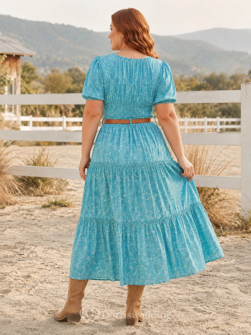 Western Plus Size Turquoise V-Neck Puff Sleeve Tea-Length Dress view 2