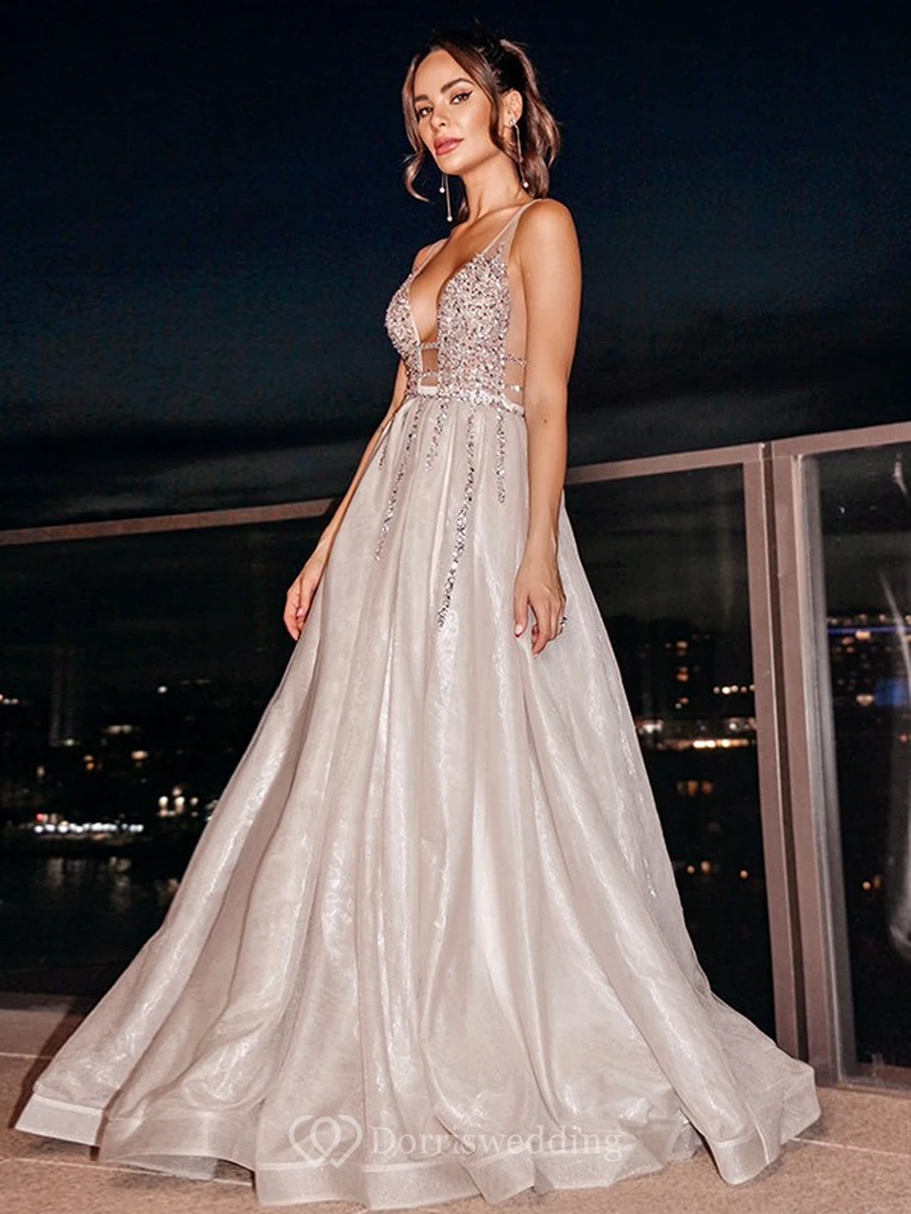 Sexy Sleeveless Silver Empire Prom Low-v Back Dress with Beaded Top view 5