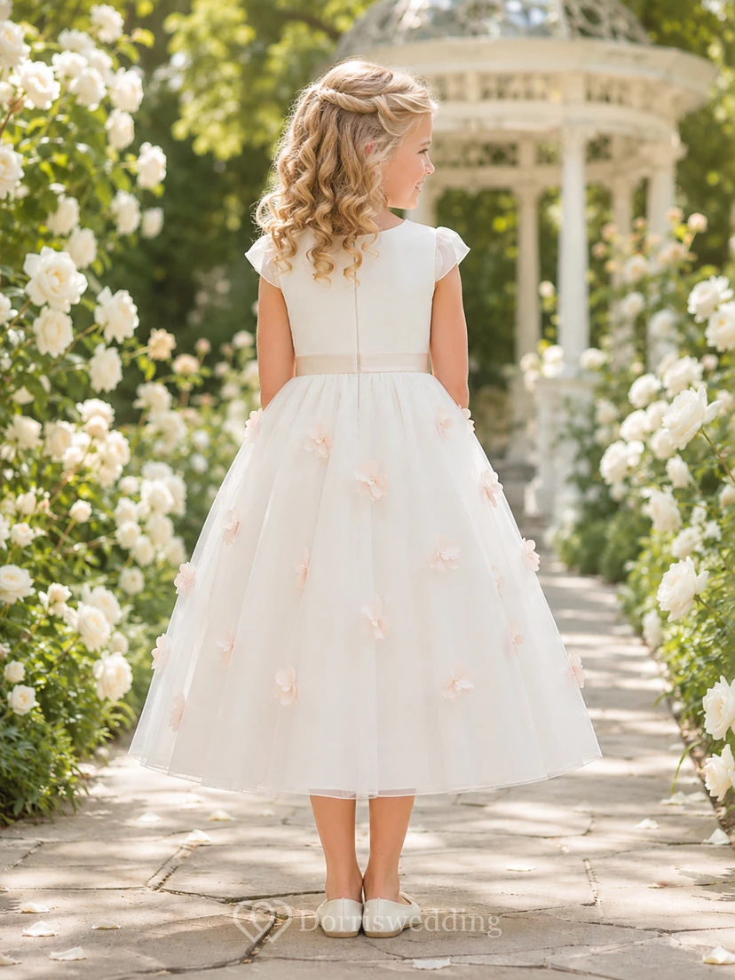 Romantisches Organza-Kleid in Teelänge, A-Linie, mit flatternden Ärmeln und Blumenmuster, perfekt für Blumenmädchen und Gartenhochzeiten view 2