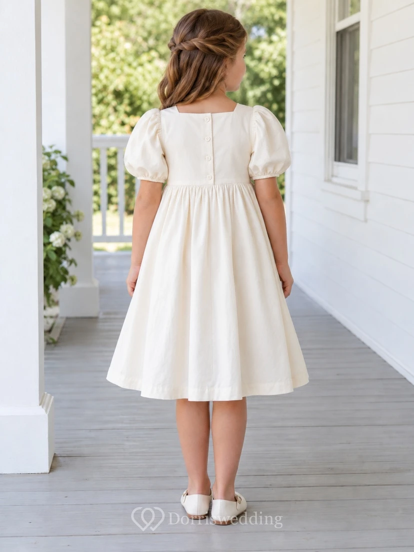 Simple Cream Square-neck Short Puff Sleeves Gathered Tall-pocket Button-back Flower Girl Dress view 2