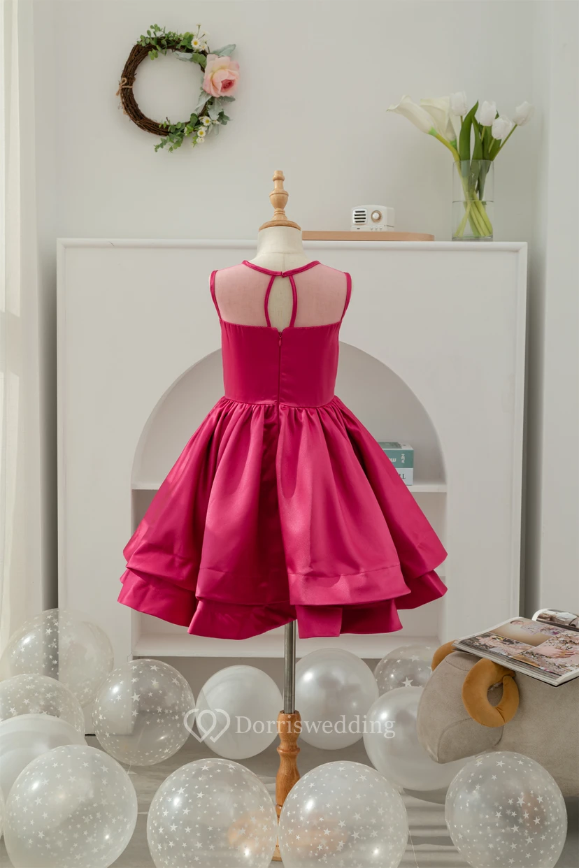 A-line Short Satin Layered Fuchsia Flowergirl Dress view 2