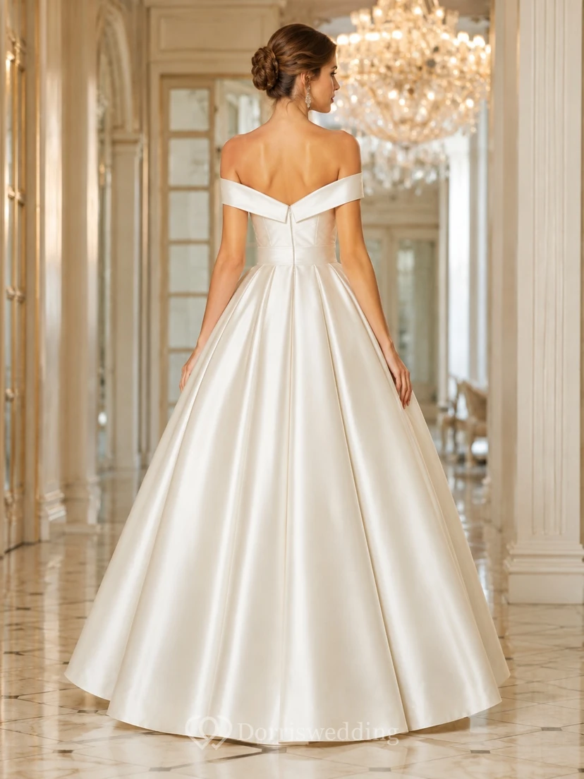 Schulterfreies, plissiertes Satin-Ballkleid, bodenlang, luxuriöses Brautkleid view 2