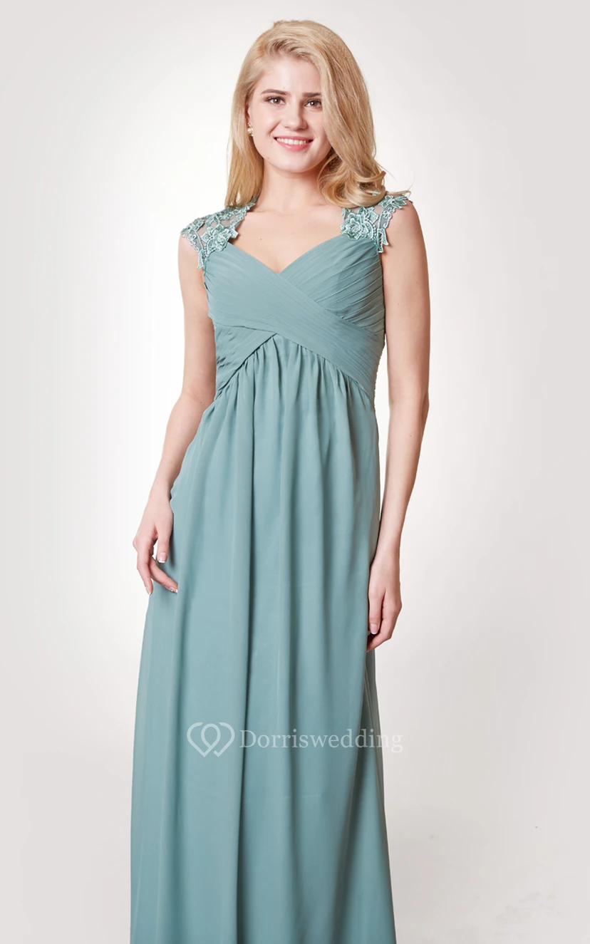 Graceful Cap-sleeved Empire Chiffon A-line Gown Lace Appliques view 2