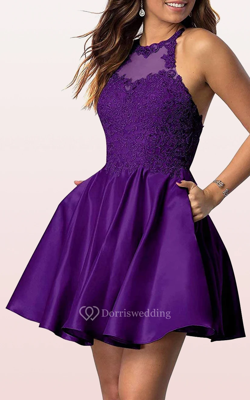 Robe de bal simple mini trapèze sans manches en satin et dentelle avec appliques view 12