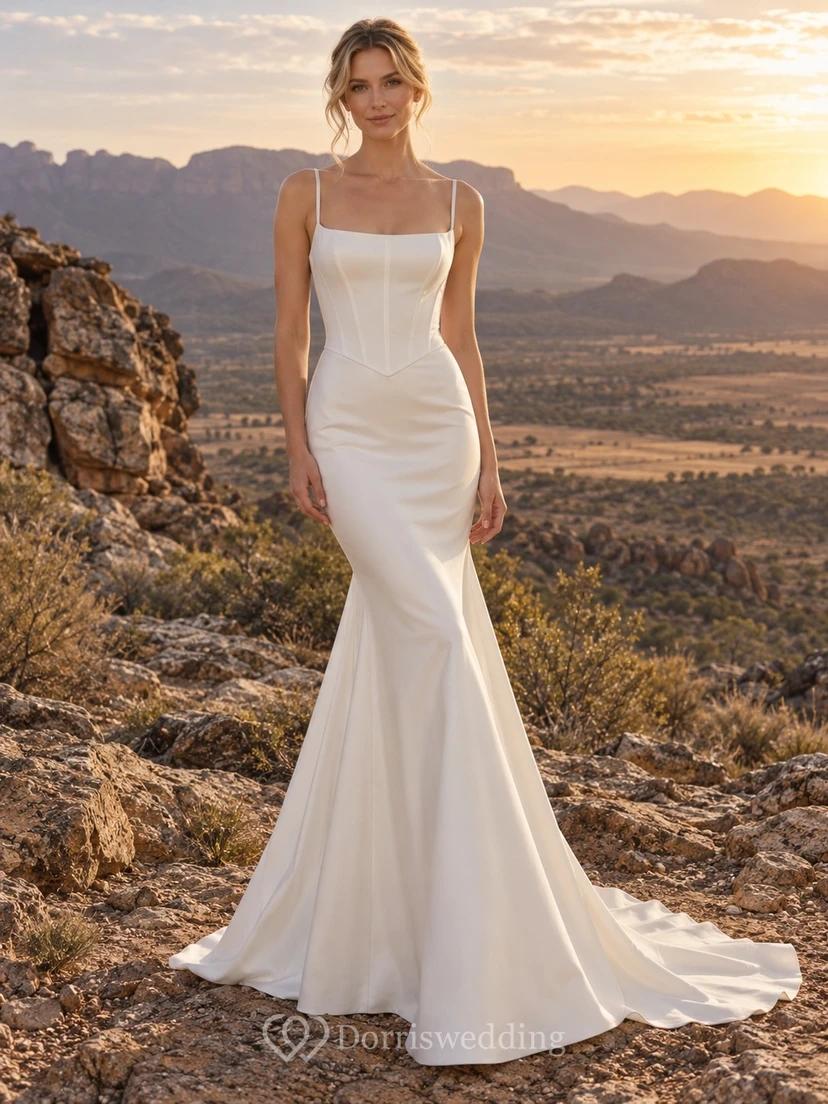 Einfaches Brautkleid aus Satin mit eckigem Ausschnitt, Spaghettiträgern und Meerjungfrauen-Schleppe