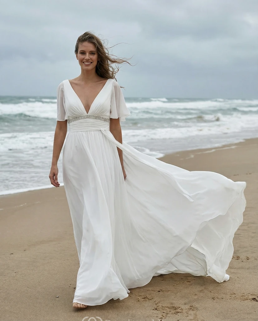Robe de mariée en mousseline à manches courtes et col en V avec traîne
