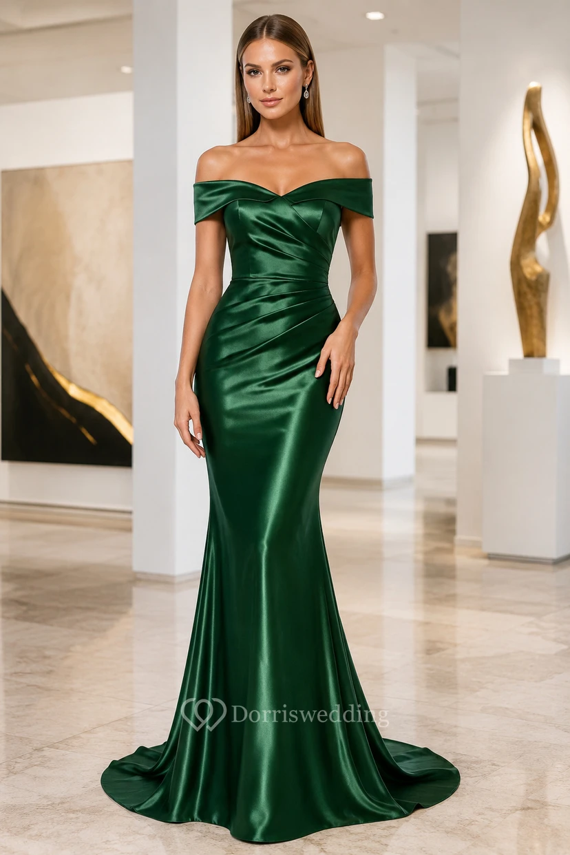 Dunkelgrünes schulterfreies Meerjungfrauen-Abendkleid aus Satin, das elegante Abendkleid aus Satin ist