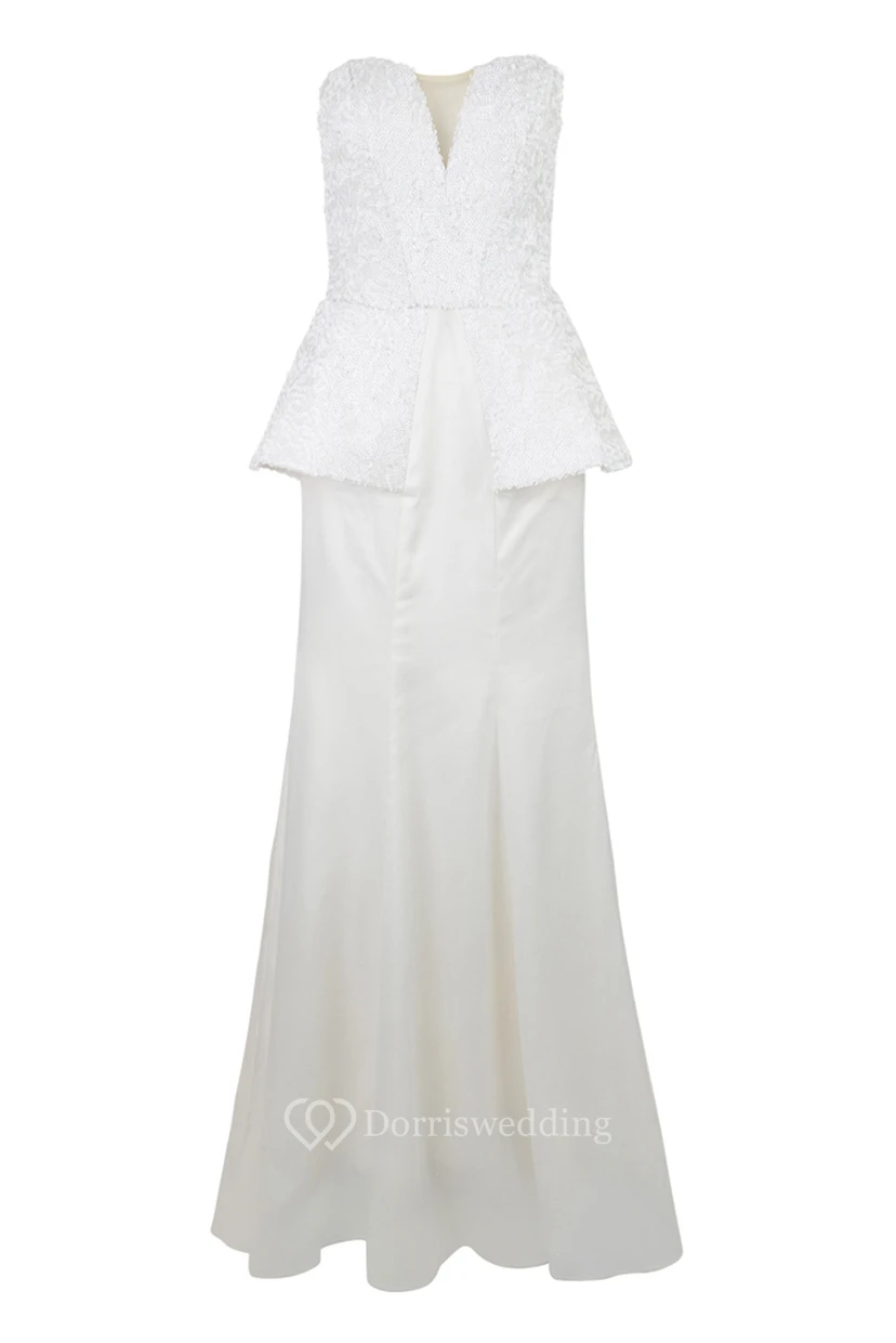 Sheath Strapless Peplum Long Sleeveless Satin Prom Dress With Zipper Back And Appliques view 5