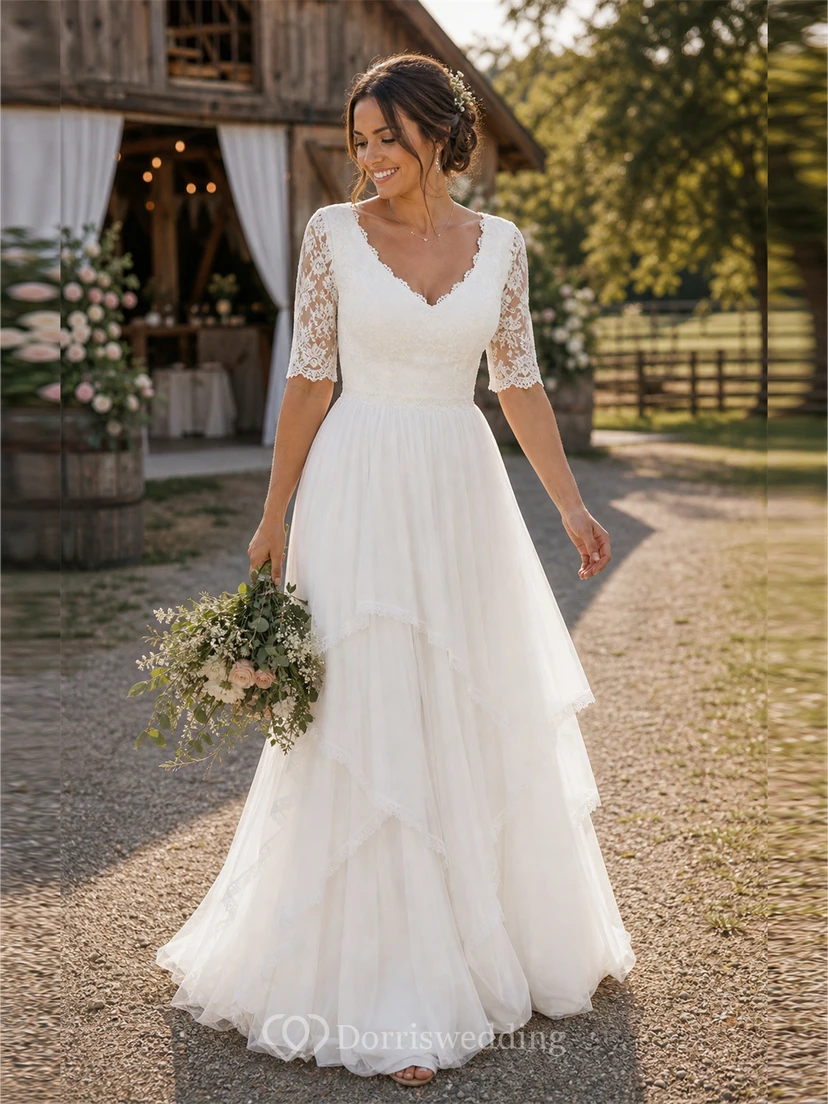 Ländliches, schlichtes Vintage-Hochzeitskleid mit Ärmeln für ältere Bräute in großen Größen view 8