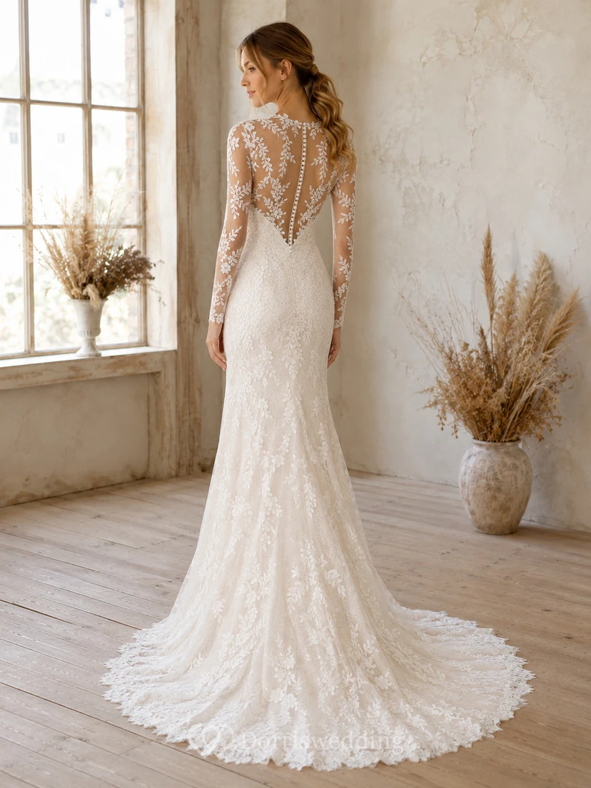 Robe de mariée sirène à col montant en dentelle illusion superposée, manches longues et traîne balayée, ornée d'appliqués floraux, idéale pour une salle de bal. view 2
