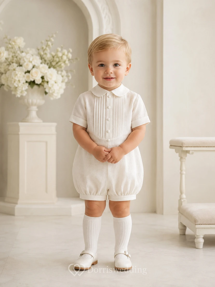 White Pintuck Front Peter Collar Short Sleeve Ceremony Romper for Baby Boy