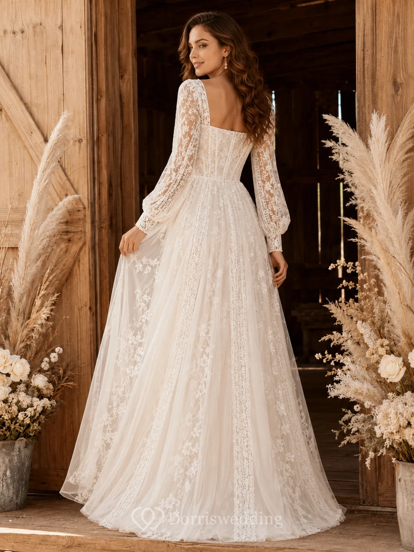 Rustic Square Neck Long Illusion Lace Sleeve A Line Sweep Wedding Gown view 2