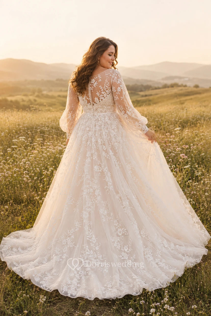 Plus Size Brautkleid in A-Linie mit langen Ärmeln aus Spitze und langer Schleppe view 2
