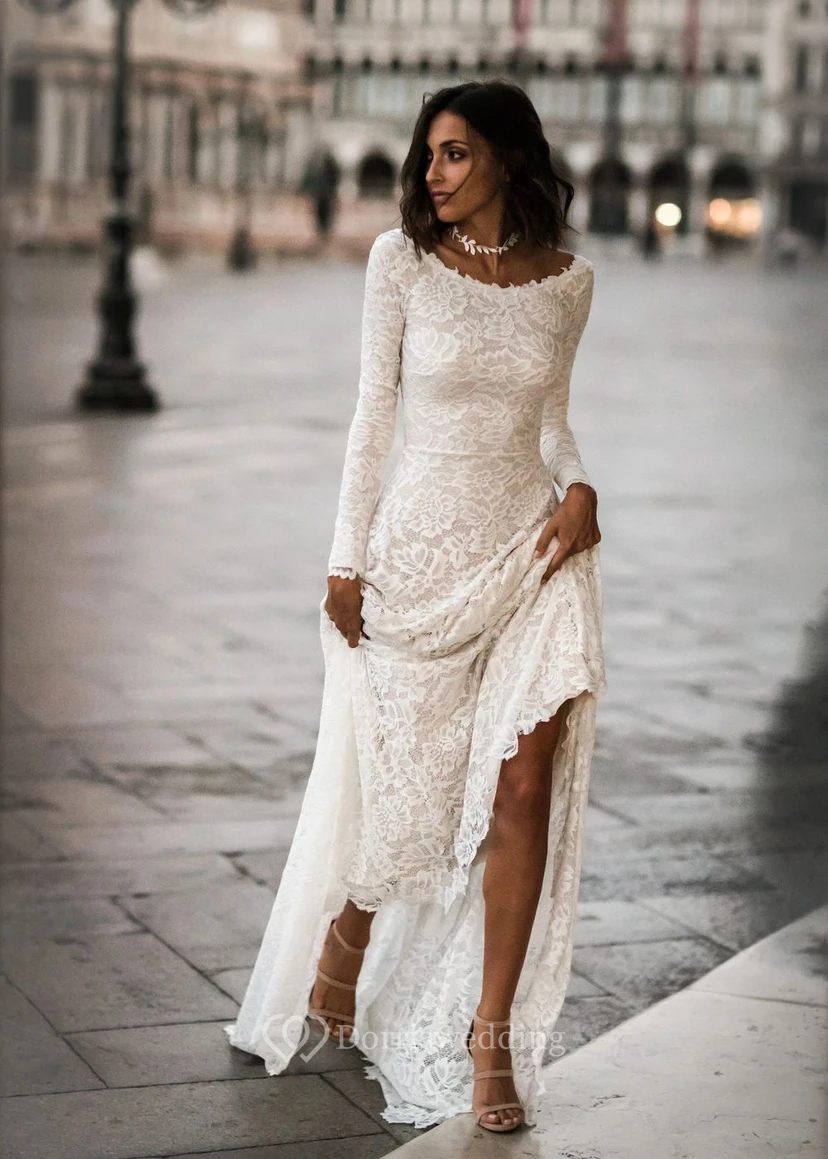 Long Sleeve Lace Boho Wedding Dress | Simple Ivory Bridal Gown video preview